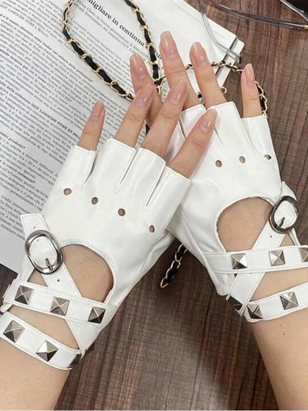 White Studded Fingerless Leather Gloves with Buckle Strap